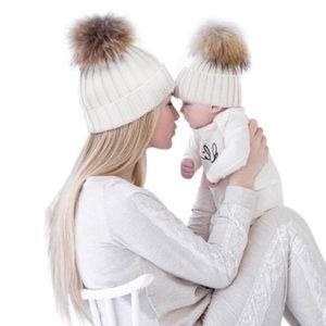 WHITE mother and baby matching hats.